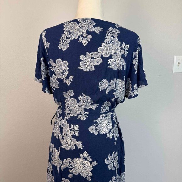 Lulus Women's Heart of Marigold Wrap Maxi Dress 100% Rayon Floral Navy Blue Sz L - Picture 8 of 16